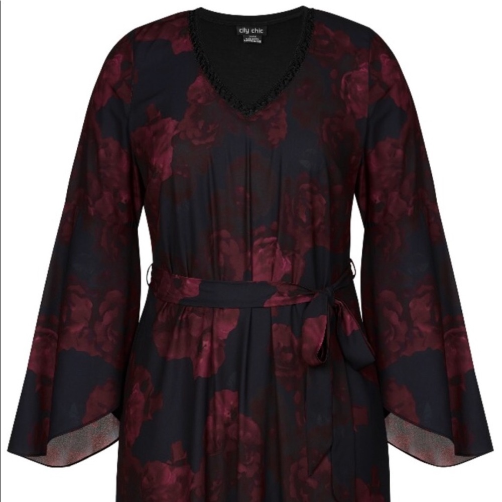 City Chic Crimson Rose Tunic Mini Dress Bell Sleeves - Picture 3 of 4